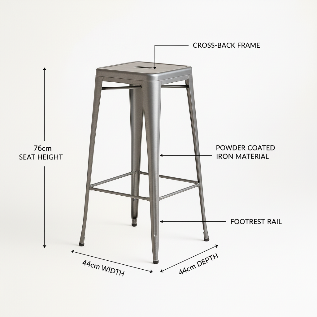 BS029-K/D Metal Bar Stool - Dimensions & Features Infographic